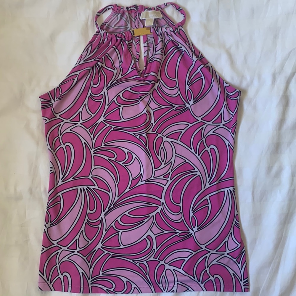 Michael MK stylized pink leaf racerback tank w front metal bar decoration EUC